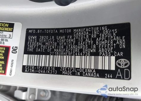 2015 Toyota Corolla Le from USA, damaged, VIN 2T1BURHE9FC444736